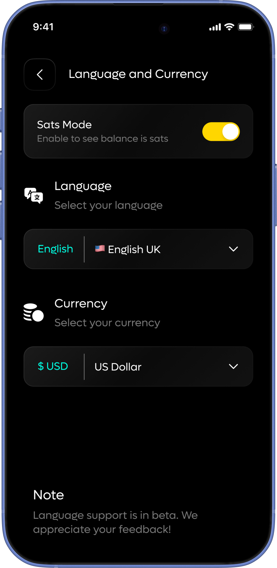 Multi-language and currency support screen