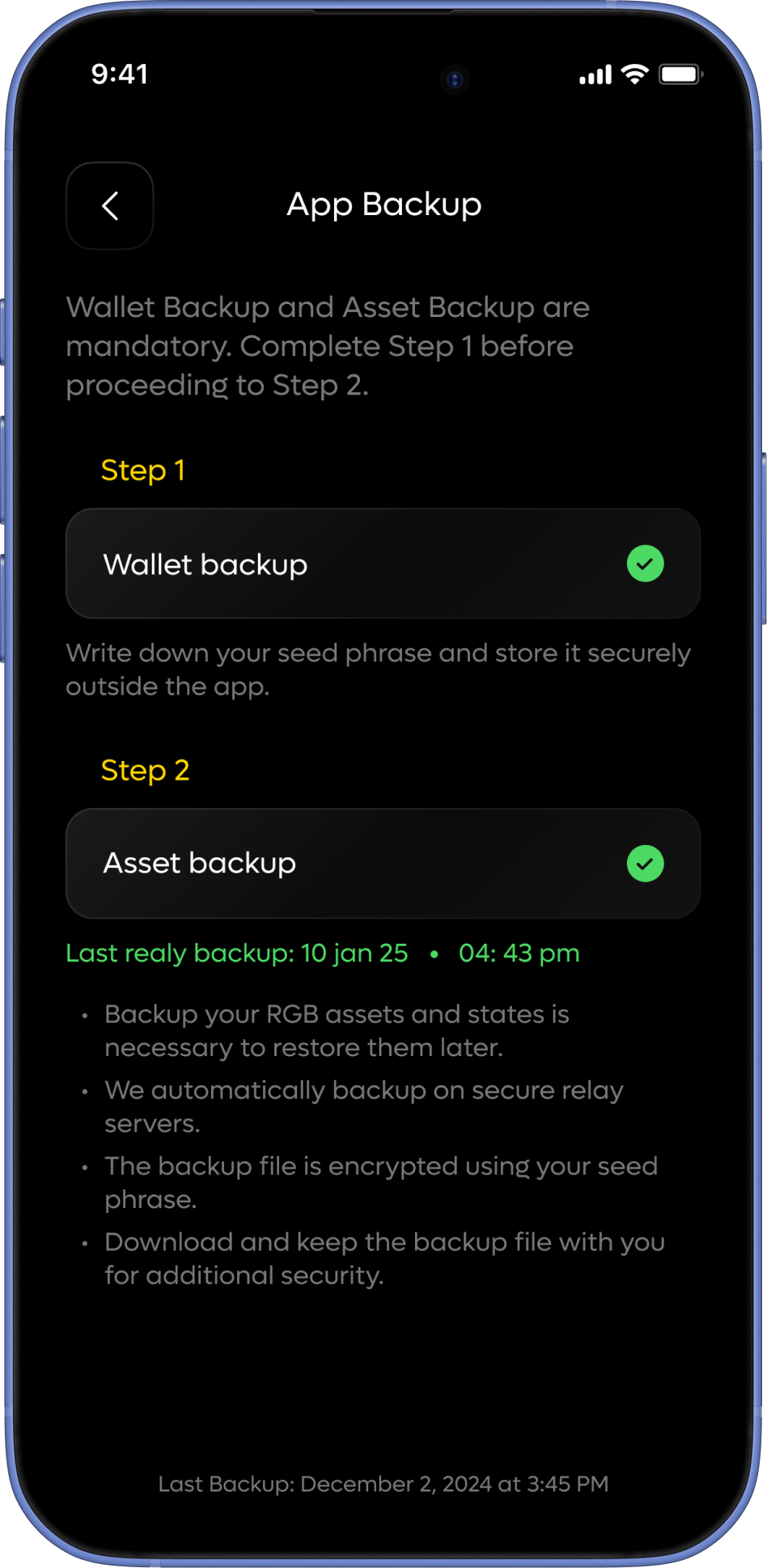 Secure digital assets backup screen